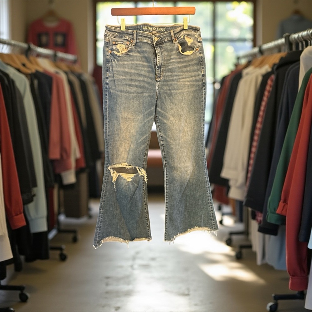 American Eagle Outfitters Blue Distressed Flare Jeans